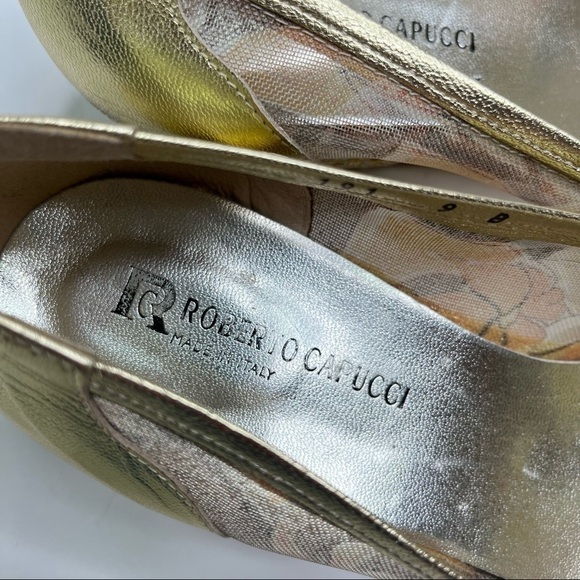 VINTAGE Roberto Capucci Gold Floral Embroidered Metallic Espadrille Wedges Shoes - Picture 6 of 13